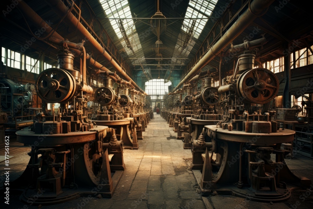 Atmospheric image showcasing rows of old machinery in a derelict industrial setting Atmospheric image showcasing rows of old machinery in a derelict industrial setting