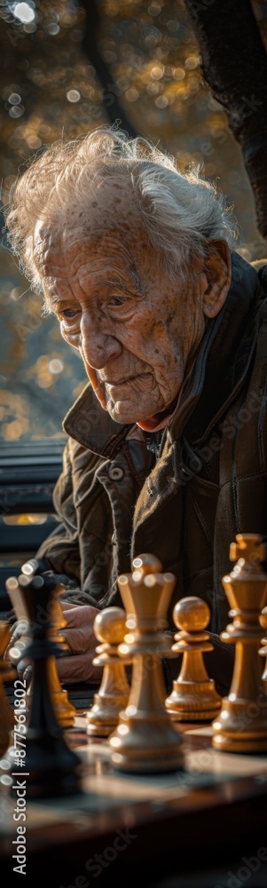 Elderly man playing chess in park with trees in background Elderly man playing chess in park with trees in background
