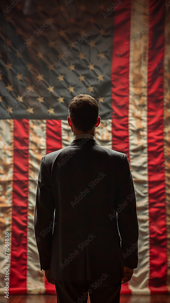 Obraz premium A Man Stands In Reverence Before the American Flag