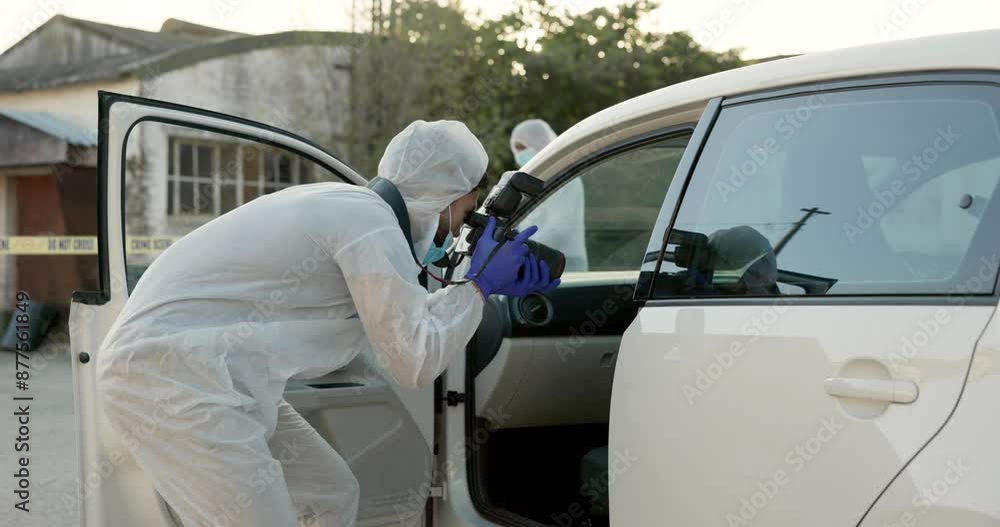 Forensic photographer, car and crime outdoor for inspection, hijacking and evidence for police. Man, camera and outside on road with investigation, accident and ppe suit by stolen vehicle in Sydney Forensic photographer, car and crime outdoor for inspection, hijacking and evidence for police. Man, camera and outside on road with investigation, accident and ppe suit by stolen vehicle in Sydney