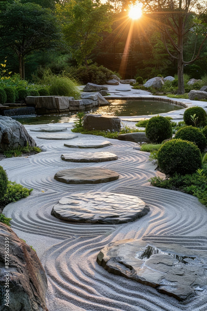 Blurred zen garden path with wet stones. AI generation Blurred zen garden path with wet stones. AI generation