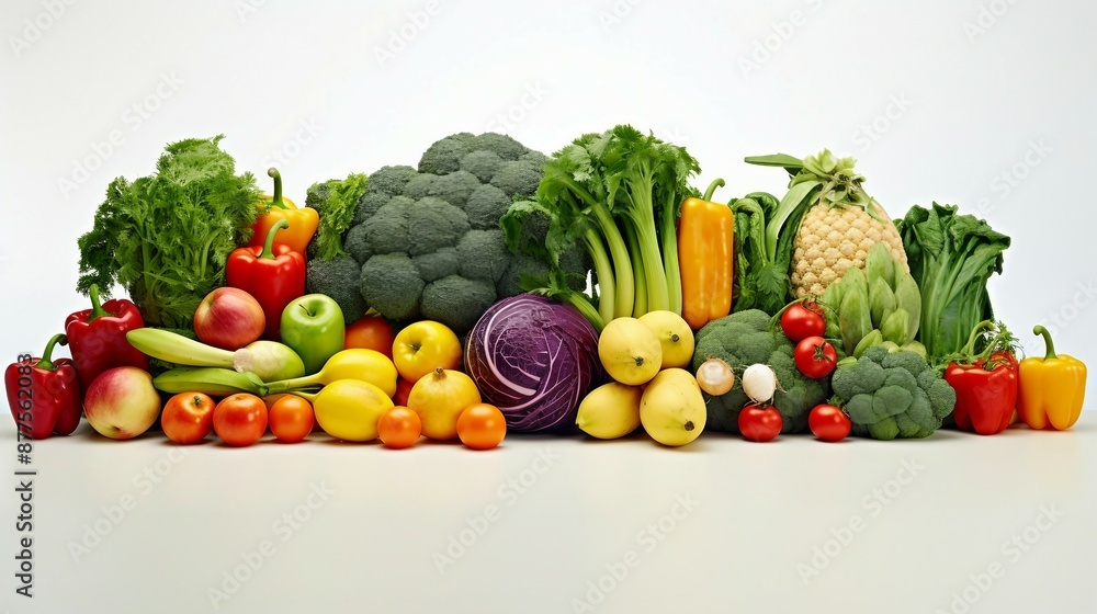 Vibrant Assortment of Fresh Fruits and Vegetables in Various Colors and Shapes on White Background. Generative AI Vibrant Assortment of Fresh Fruits and Vegetables in Various Colors and Shapes on White Background. Generative AI