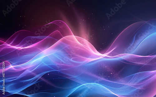 Futuristic trendy background with wavy airy texture of silk neon shiny blue purple fabric in the form of a wave on a dark background. Neon wave. Copy space. Banner © syhin_stas