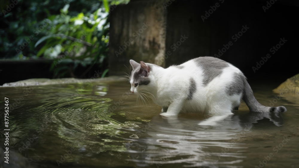A cat walking in water with a stick on its head, AI A cat walking in water with a stick on its head, AI