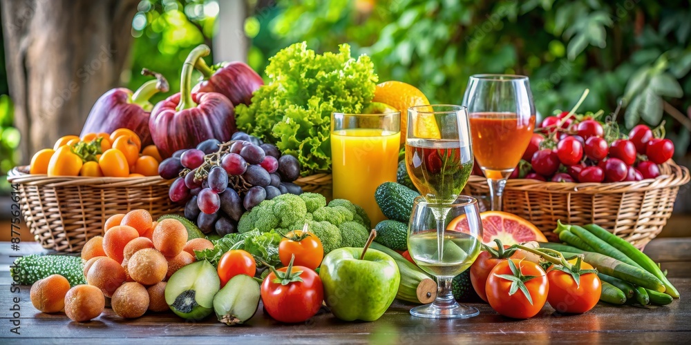 Vibrant Still Life of Fresh Produce with Wine and Juice, fruit, vegetables, drinks, still life, nature ,  food, healthy, freshness