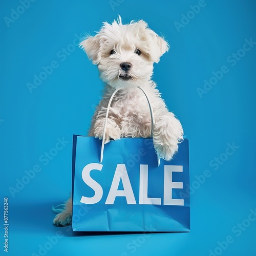  A dog with shopping sale bag on bright blue background