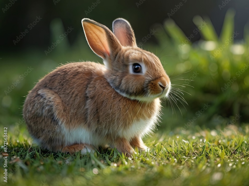 Fototapeta premium A brown rabbit with white markings sits in tall green grass on a sunny day