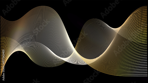 Black background with gold line swoosh. Abstract luxury pattern for sound music waves or wind. Vip flyer of future award elegant golden 3d ribbon swirl on dark.