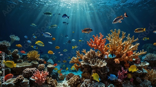 Vibrant Coral Reef with Colorful Tropical Fish and Sunlight Streaming Through Water