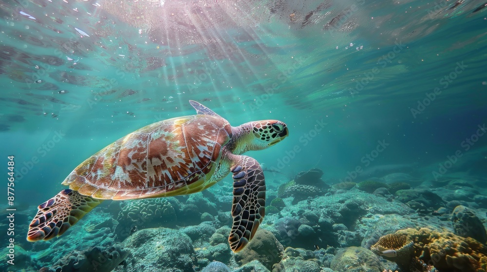 Obraz premium Sea turtle swimming in clear blue ocean water over a coral reef with sun rays shining through the surface. Concepts. wildlife, marine life, conservation, nature, oceanography