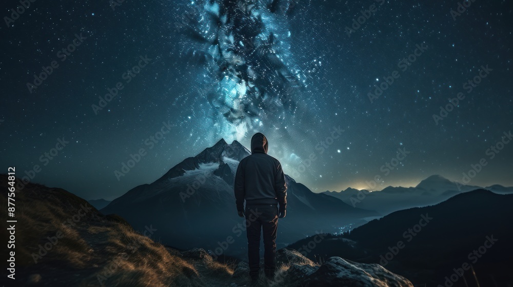 Obraz premium Man standing on a mountain peak, gazing at the starry night sky with glowing nebula clouds. Concept of adventure, exploration, universe, and inspiration