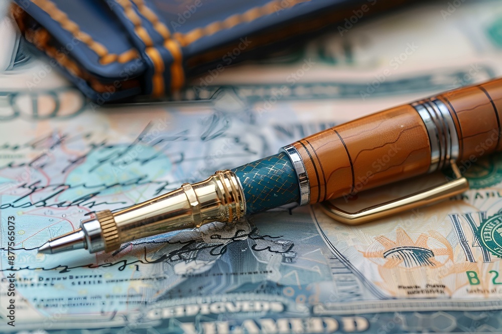A money bill with a pen and wallet on it, illustrating financial planning. A money bill with a pen and wallet on it, illustrating financial planning.