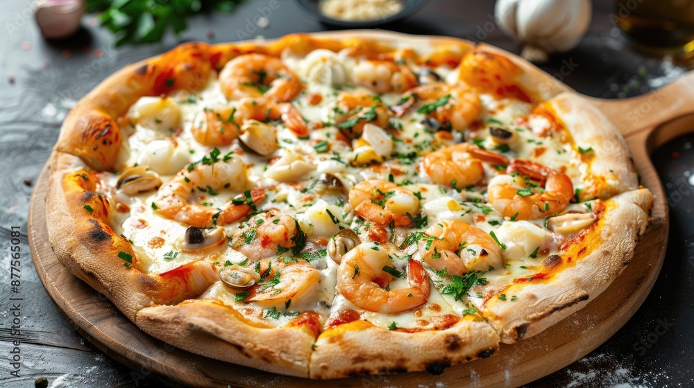 Takeaway seafood pizza with white sauce on rustic background Takeaway seafood pizza with white sauce on rustic background