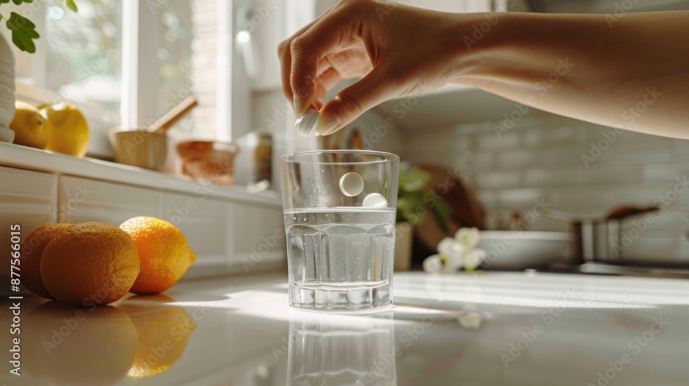 A hand dropping a tablet into a glass of water on a sunlit kitchen countertop, A hand dropping a tablet into a glass of water on a sunlit kitchen countertop,