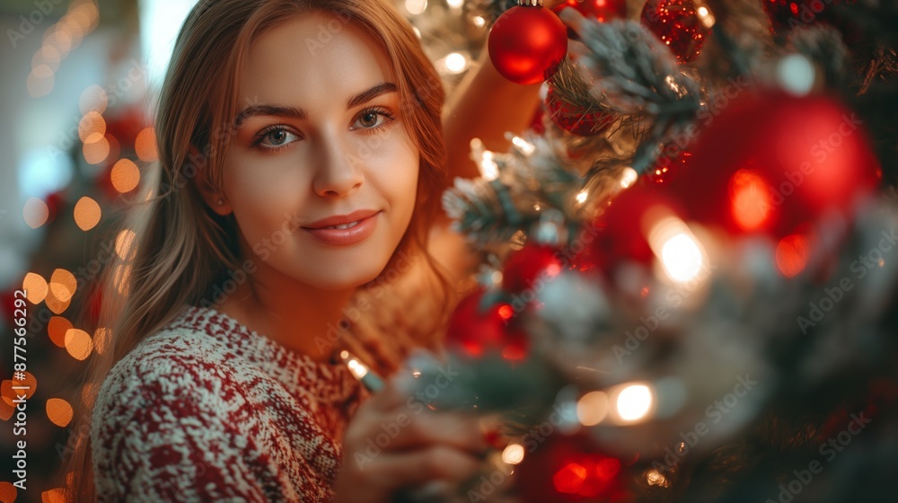 A woman decorates a Christmas tree with red ornaments, surrounded by festive lights and holiday joy. A woman decorates a Christmas tree with red ornaments, surrounded by festive lights and holiday joy.