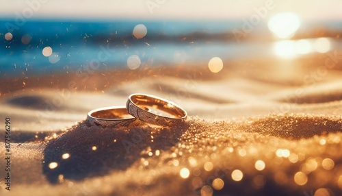 wedding rings on a beach sand on sunset romantic gold spark banner poster summer 