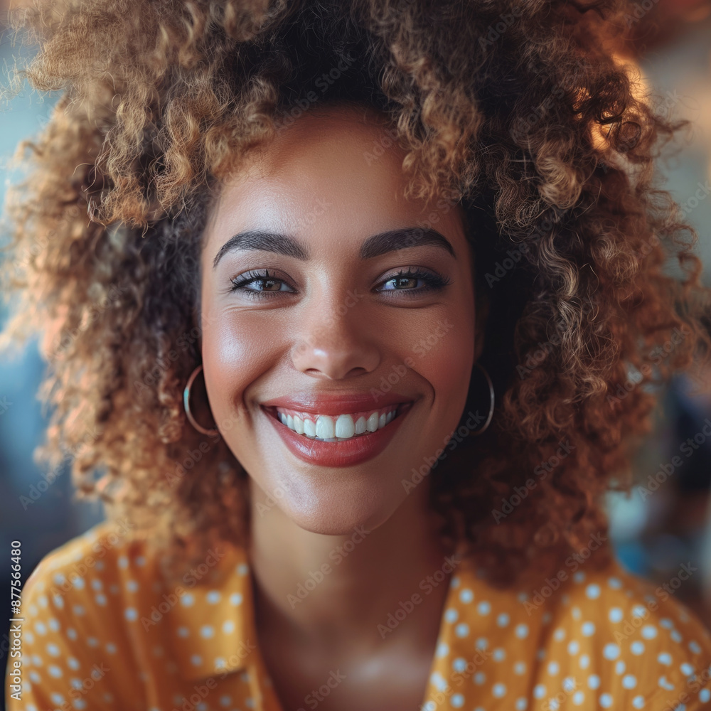 Woman with curly hair and a bright smile wearing a yellow polka-dot shirt, radiating joy. Woman with curly hair and a bright smile wearing a yellow polka-dot shirt, radiating joy.