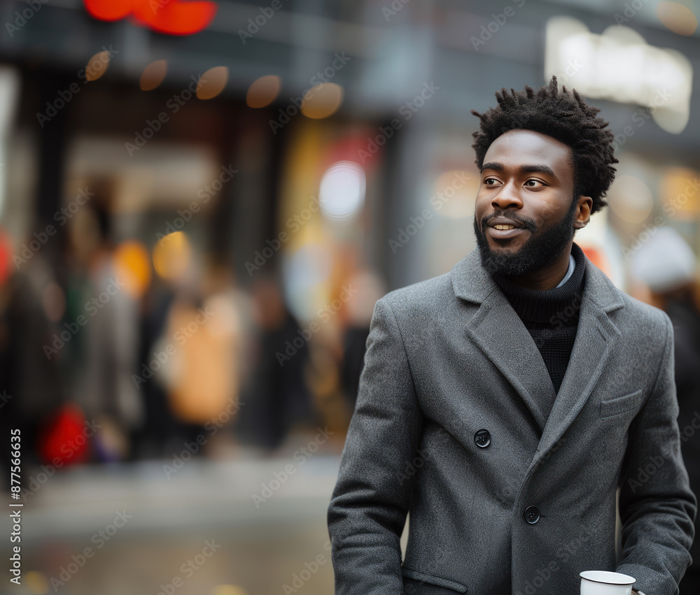 Fototapeta premium Man in grey coat with coffee on busy street. AI generation