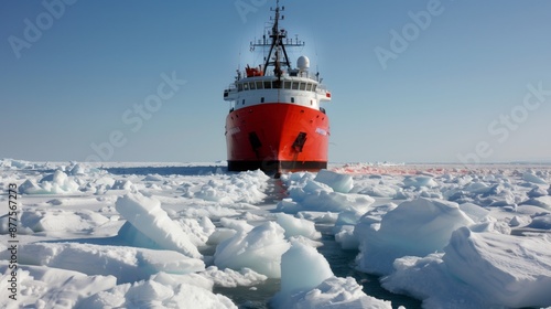 A red icebreaker cuts through a frozen sea in Alaska photo