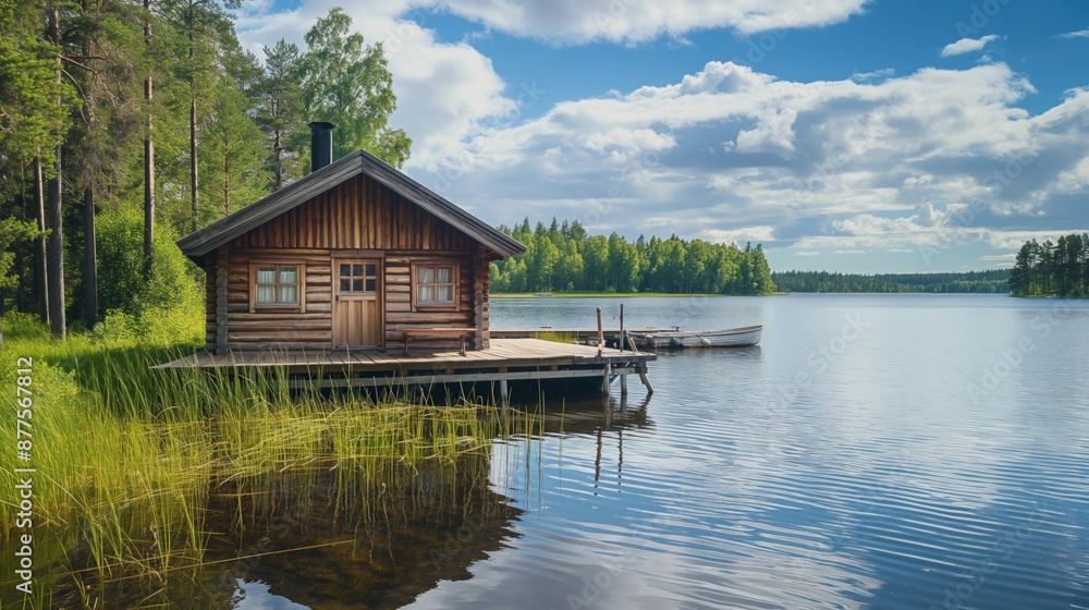 Fototapeta premium A wooden cabin by a tranquil lake surrounded by trees with a dock and boat under a cloudy sky.
