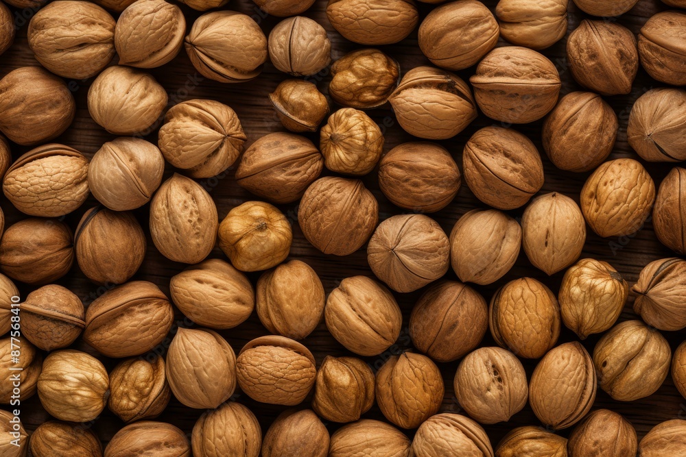 Top view of a dense pattern of assorted whole walnuts on a wooden surface, perfect for a natural texture Top view of a dense pattern of assorted whole walnuts on a wooden surface, perfect for a natural texture