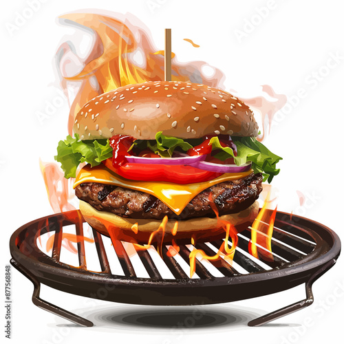 Chesseburger with fresh salat on a grill with big fire