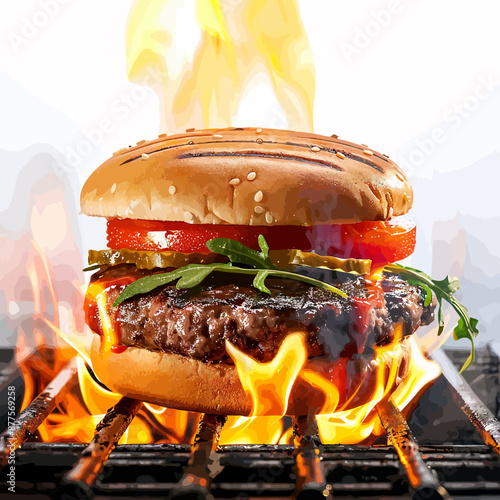 Chesseburger with fresh salat on a grill with big fire