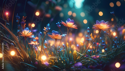 Fototapeta Naklejka Na Ścianę i Meble -  Beautiful magic grass, flowers and fairy lights close up, blurred background. Magical tone and feel
