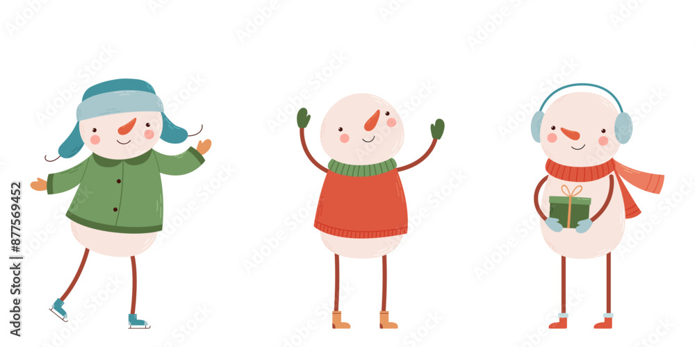 Obraz premium A set of funny snowmen in a variety of costumes and poses.
