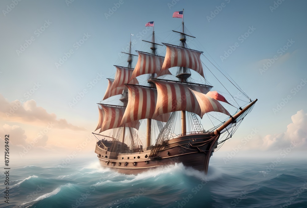 ship on the high seas flying the American flag, discovery of America, Columbus Day ship on the high seas flying the American flag, discovery of America, Columbus Day