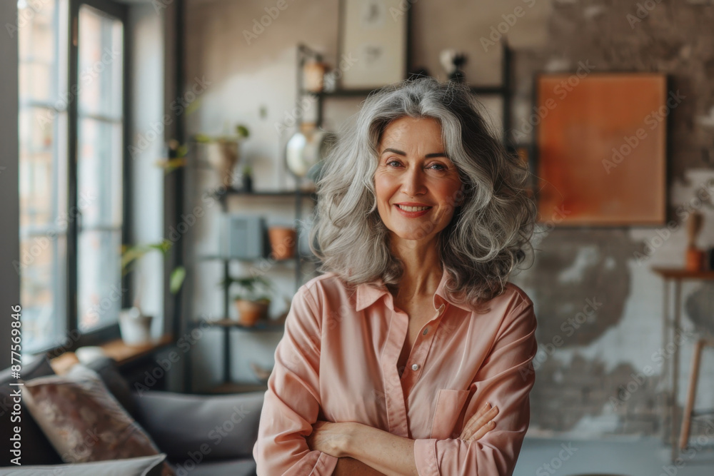 Fototapeta premium a portrait photo of a smiling confident and happy mature woman wearing a pink shirt and standing in her modern apartment