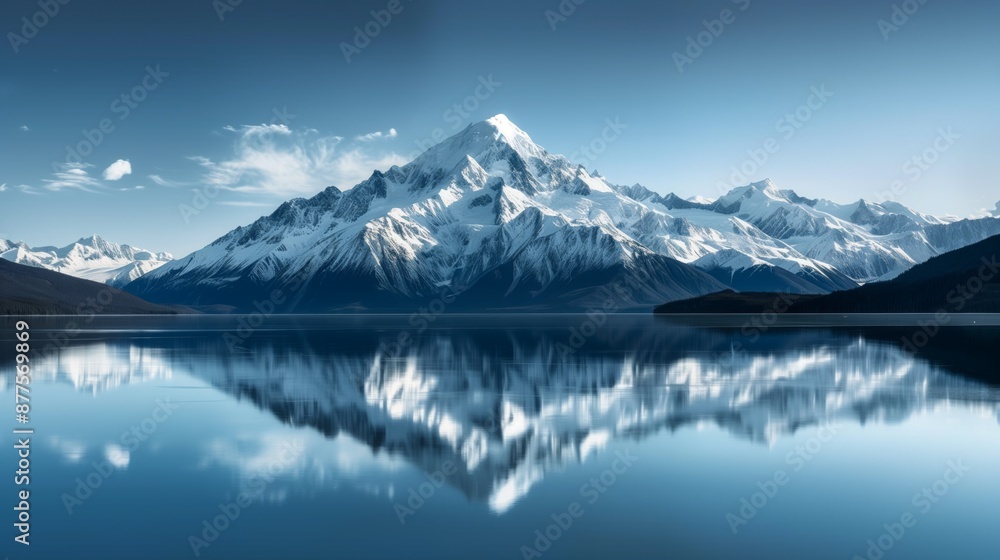 Snow-covered Alaskan mountains reflected in a calm lake on a sunny day Snow-covered Alaskan mountains reflected in a calm lake on a sunny day