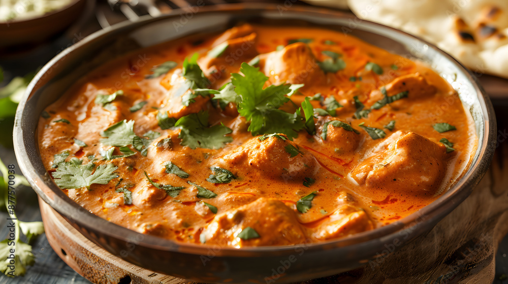 A steaming bowl of creamy butter chicken curry, rich in spices, with a garnish of fresh cilantro and a side of fluffy naan bread A steaming bowl of creamy butter chicken curry, rich in spices, with a garnish of fresh cilantro and a side of fluffy naan bread