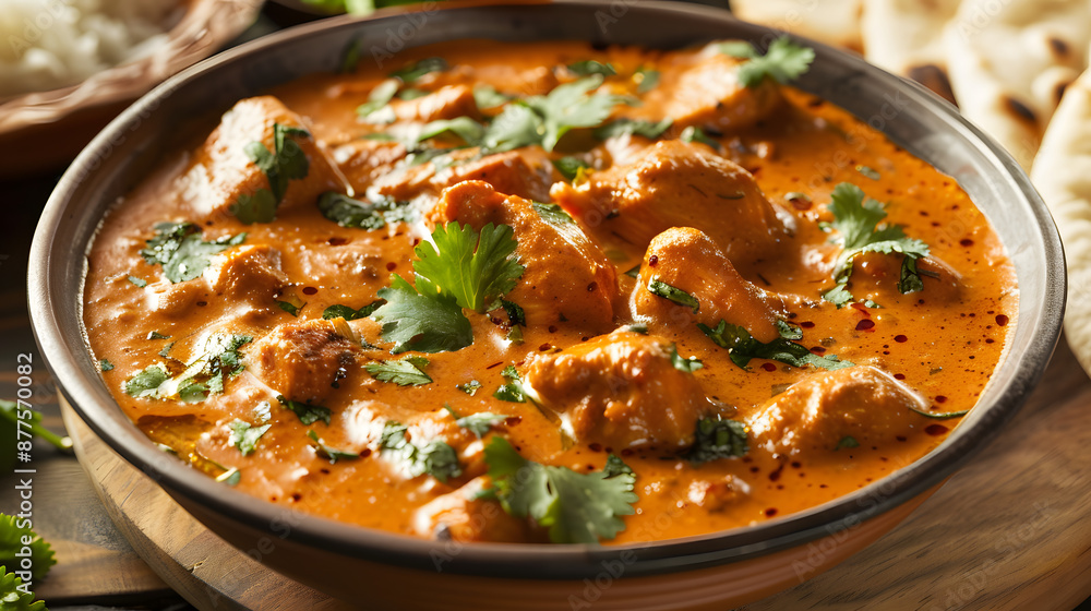 A steaming bowl of creamy butter chicken curry, rich in spices, with a garnish of fresh cilantro and a side of fluffy naan bread A steaming bowl of creamy butter chicken curry, rich in spices, with a garnish of fresh cilantro and a side of fluffy naan bread