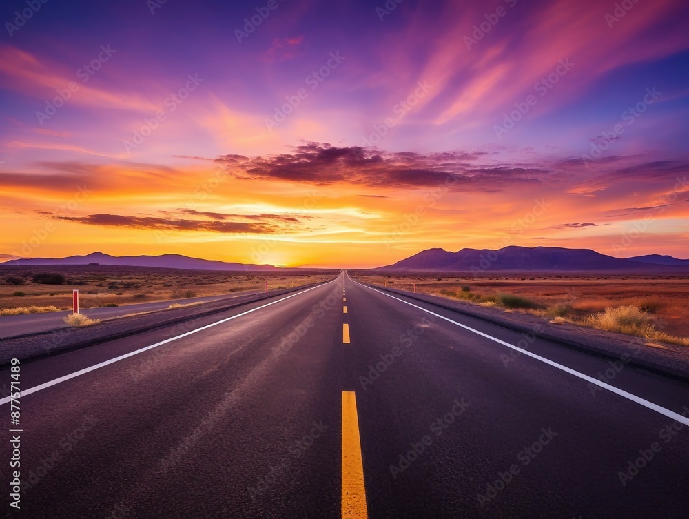 Naklejka premium Straight Highway Stretching Through the Desert with Stunning Sunset Colors Above. Generative AI