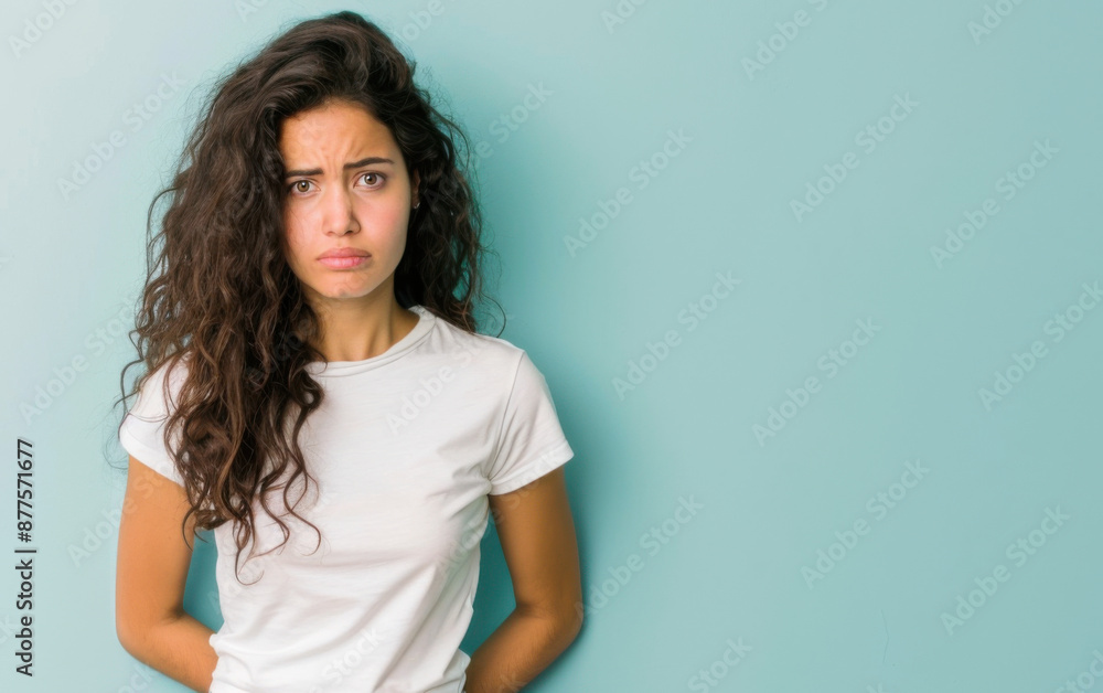 a headshot image of a beautiful young hispanic woman with sad face standing on a mint background a headshot image of a beautiful young hispanic woman with sad face standing on a mint background