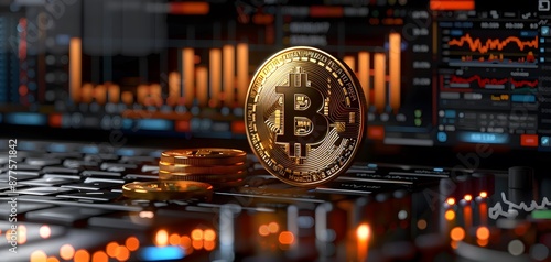 Bitcoin with Very Clean Digital Graphs and Icons on a Black Background Stock exchanges concept as wide banner design with information data