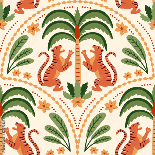 Tropical palm tree Asian tiger seamless pattern. Cute jungle damask ornament, jungle arched print, hand drawn wild animal under the coconut, Indian textile design wallpaper Vector beach illustration