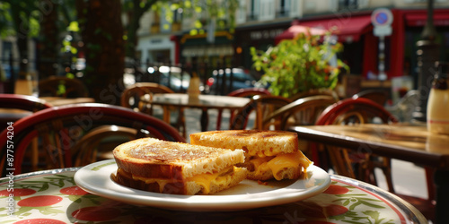 Delicious Croque monsieur, traditional hot French sandwich made with ham and cheese served in an outdoor restaurant on a street of Paris, France