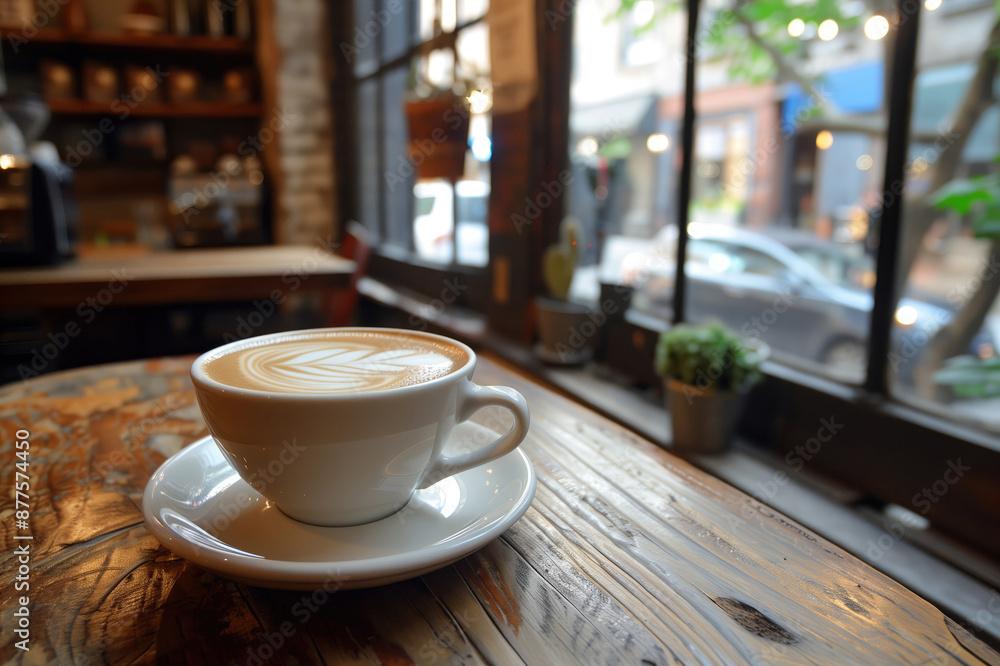 Cup of fresh hot flat white coffee near the window in cafe or at home. Cup of fresh hot flat white coffee near the window in cafe or at home.