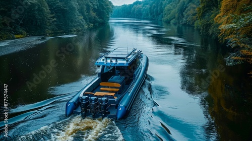 A blue rigid inflatable boat with a hardtop and outboard engines moves through a forested river.