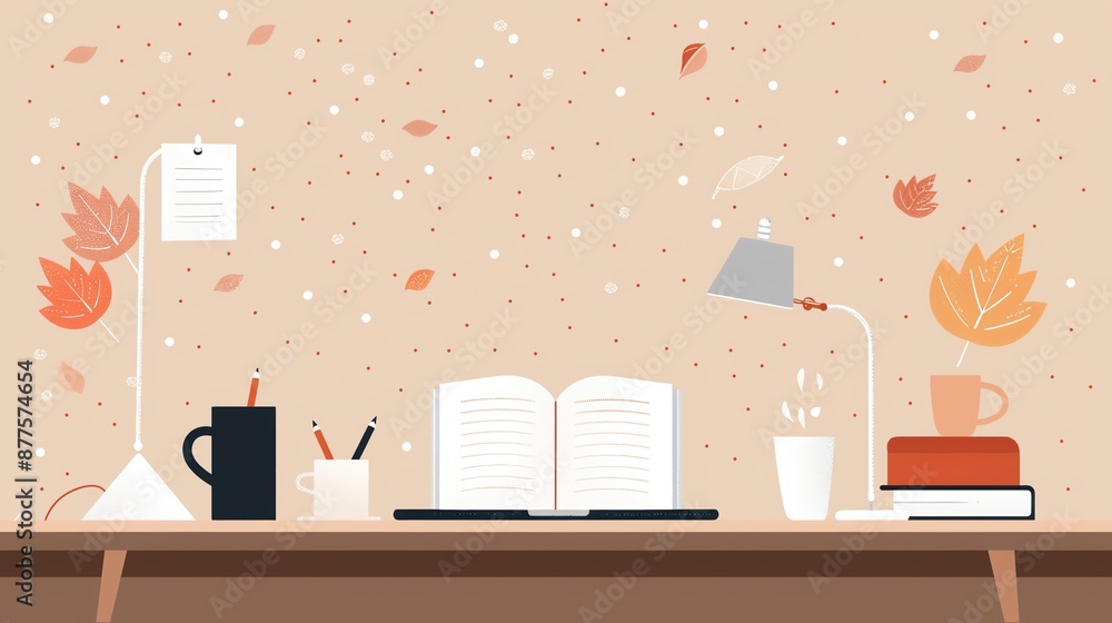 custom made wallpaper toronto digitalCozy autumn-themed workspace with open book, desk lamp, coffee cup, and falling leaves. Perfect for studying or working in a comfortable setting.