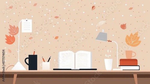 Wallpaper Mural Cozy autumn-themed workspace with open book, desk lamp, coffee cup, and falling leaves. Perfect for studying or working in a comfortable setting. Torontodigital.ca
