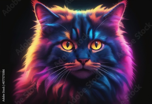 Abstract neon glowing cat with vibrant colorful fur on dark background © Giuseppe Cammino