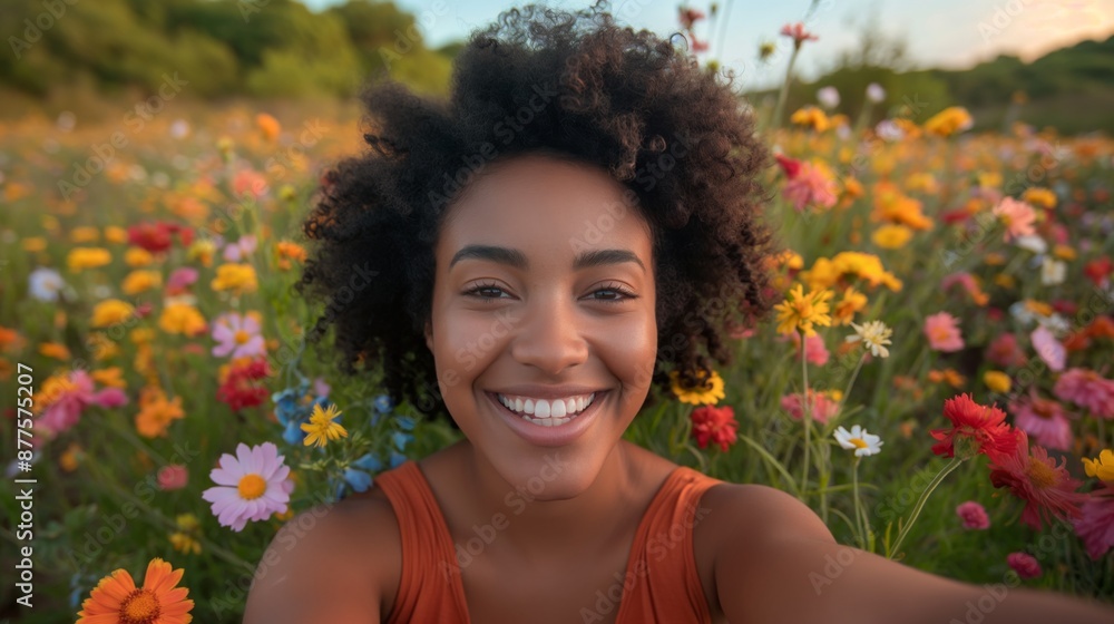 Happy woman in a colorful flower field enjoying nature Happy woman in a colorful flower field enjoying nature