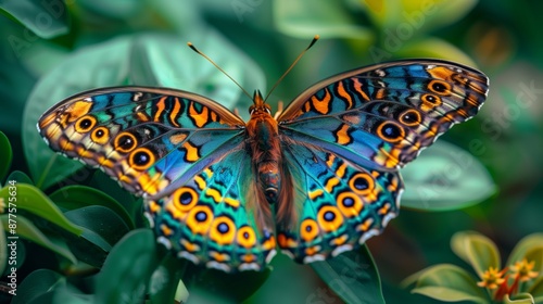 A vibrant and detailed close-up image of a butterfly resting on green foliage showcasing the intricate patterns and vivid colors of its wings