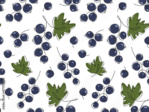 Black Currant Seamless pattern. Ripe summer garden berry. Healthy Fruit food background. Doodle drawn Vector illustration. Pattern for cover, package, label design