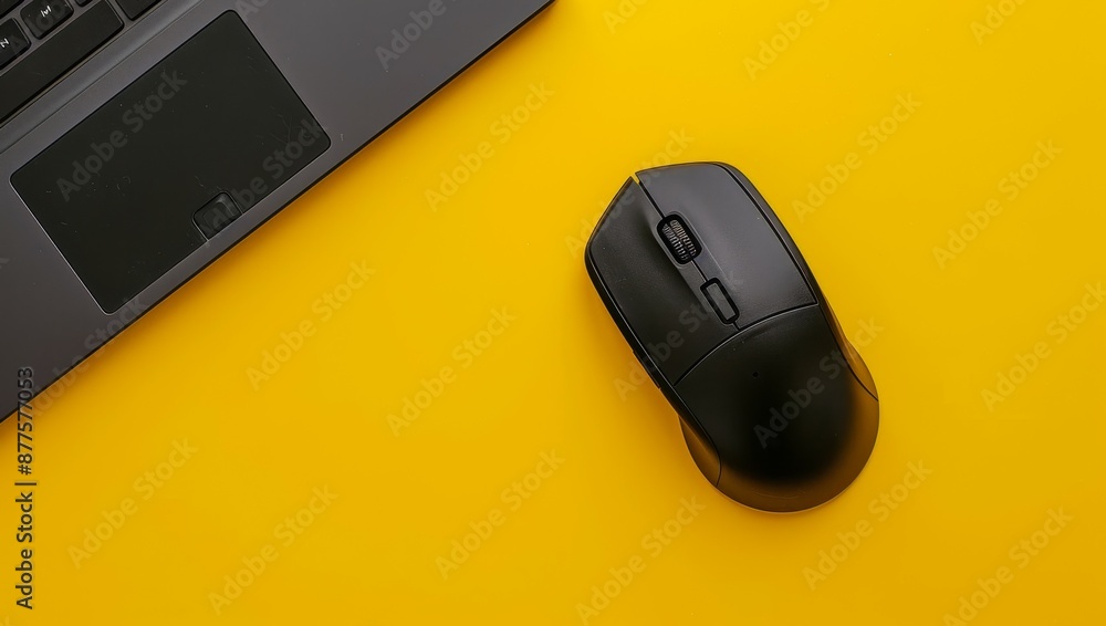 Black laptop and wireless mouse on yellow surface viewed from above Black laptop and wireless mouse on yellow surface viewed from above
