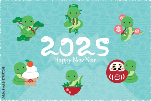 2025年賀状　背景水色　蛇と松竹梅と縁起物　2025の数字が蛇