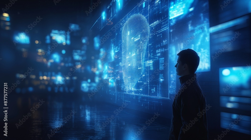 Fototapeta premium An individual observes a digital interface showcasing an artificial intelligence head on a screen with intricate details and data surrounding it